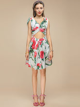 Load image into Gallery viewer, Bow V-neck Carnation Flower Print Mini Dress