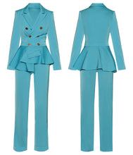 Load image into Gallery viewer, Comino Blue Vintage Ruffle Lapel Button Jumpsuit