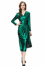 Load image into Gallery viewer, Metallic V Neck Ruffles Maxi Dress - Comes in Red &amp; Green loop