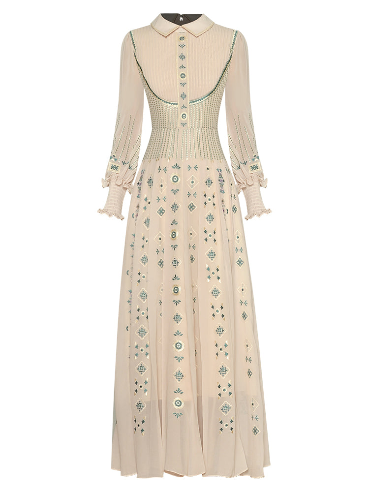 *NEW Beautiful Flower Embroidery  Lantern Sleeve Maxi Dress