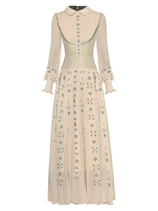 Beautiful Flower Embroidery  Lantern Sleeve Maxi Dress