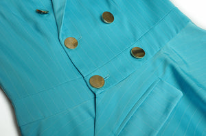Comino Blue Vintage Ruffle Lapel Button Jumpsuit