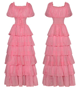 Pretty Drawstring Elastic Waist Cascading Ruffle Maxi Dress - Comes in Yellow & Pink