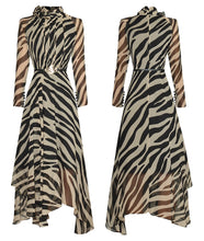 Load image into Gallery viewer, Comino Zebra Print Stand Collar Lace-up Midi Dress with belt - Comes in Black or Tan