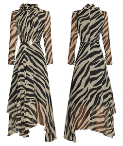 Zebra Print Stand Collar Lace-up Midi Dress with belt - Comes in Black or Tan