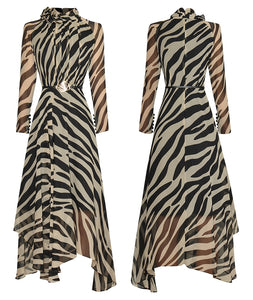 Comino Zebra Print Stand Collar Lace-up Midi Dress with belt - Comes in Black or Tan