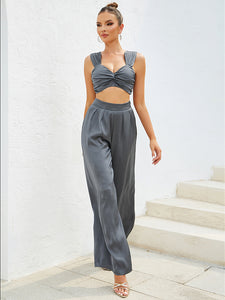Grey Backless Crop Top and Flare Trousers
