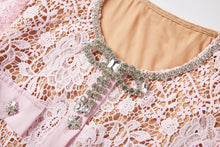 Load image into Gallery viewer, Chic Embroidery &amp; Lace Midi Dress with Diamanté Bow - comes in pink or white