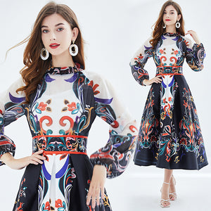 Silk Organza Lantern Sleeve Stand Collar Midi Dress