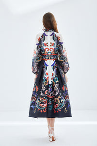 Silk Organza Lantern Sleeve Stand Collar Midi Dress