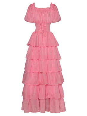 Pretty Drawstring Elastic Waist Cascading Ruffle Maxi Dress - Comes in Yellow & Pink
