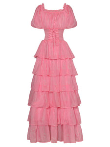 *NEW Pretty Drawstring Elastic Waist Cascading Ruffle Maxi Dress - Comes in Yellow & Pink