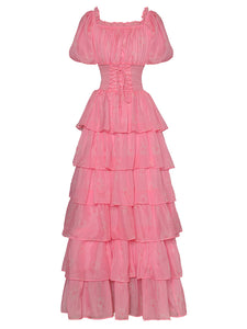 *NEW Pretty Drawstring Elastic Waist Cascading Ruffle Maxi Dress - Comes in Yellow & Pink