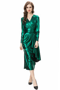 Metallic V Neck Ruffles Maxi Dress - Comes in Red & Green loop