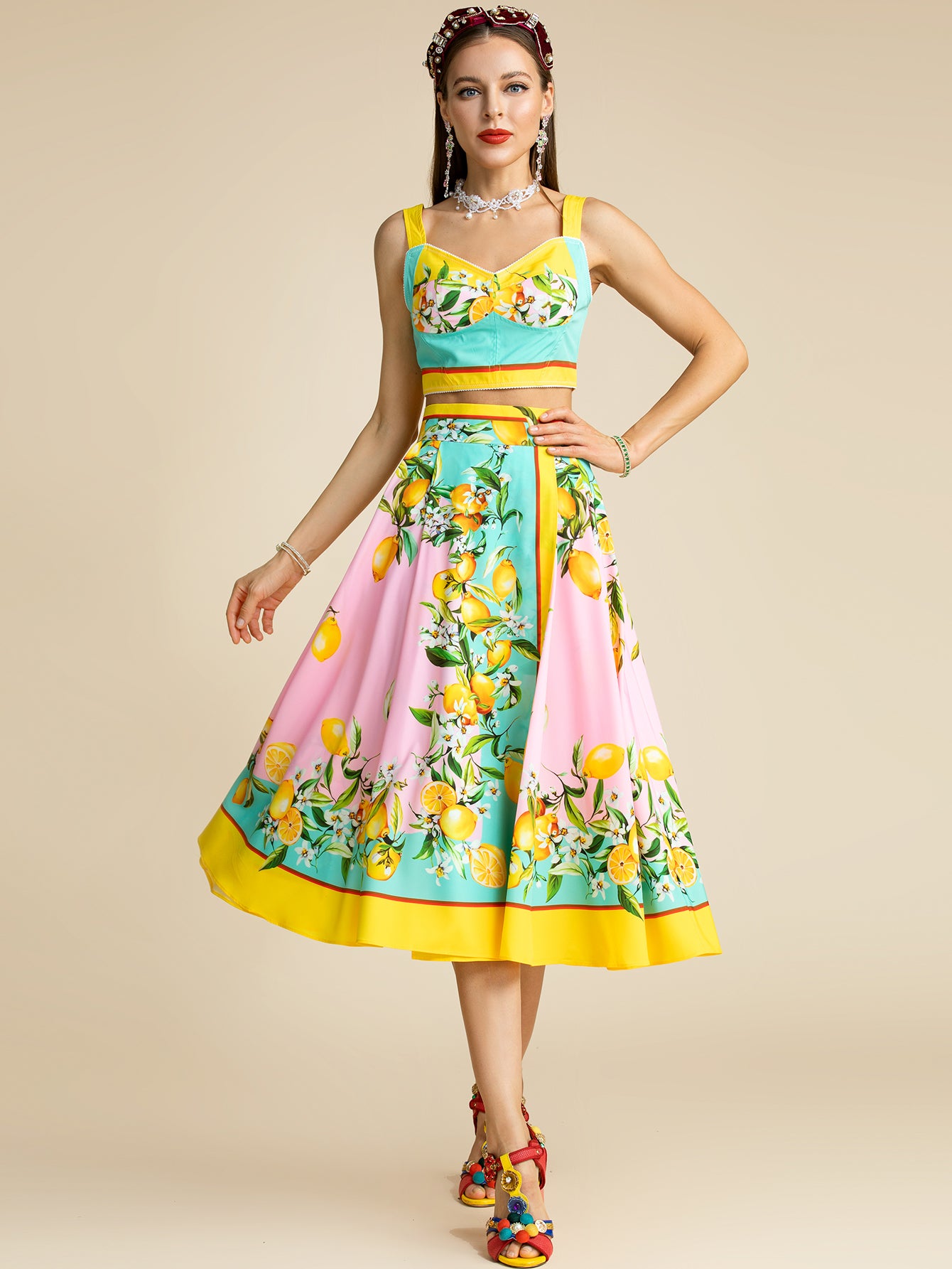 Portofino Spaghetti Strap Top + Lemon Printed Midi Skirt