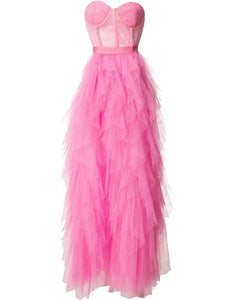 Pink Strapless & Embroidery with Side Split Flounces Skirt