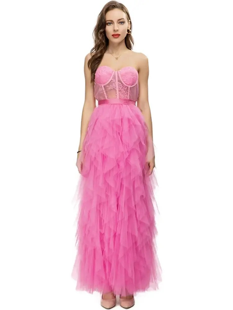 Pink Strapless & Embroidery with Side Split Flounces Skirt