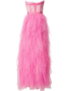 Pink Strapless & Embroidery with Side Split Flounces Skirt