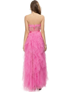 Pink Strapless & Embroidery with Side Split Flounces Skirt