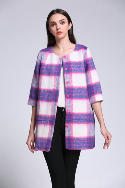Comino Couture Pink Check Collarless Half Sleeve Coat