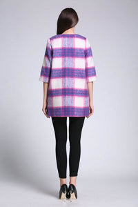 Comino Couture Pink Check Collarless Half Sleeve Coat
