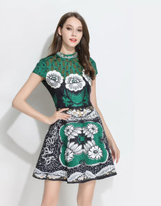 Comino Couture Cap Sleeved Green Beaded Stand Collar Dress