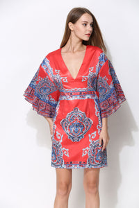 Comino Couture Red & Blue Printed Kimono Dress with Plunge Front