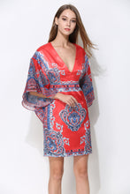 Load image into Gallery viewer, Comino Couture Red &amp; Blue Printed Kimono Dress with Plunge Front