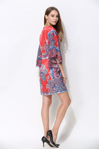 Comino Couture Red & Blue Printed Kimono Dress with Plunge Front