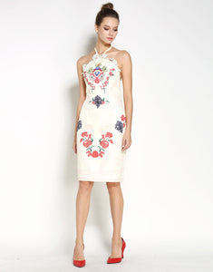Vintage Cream Halter Neck Midi Dress