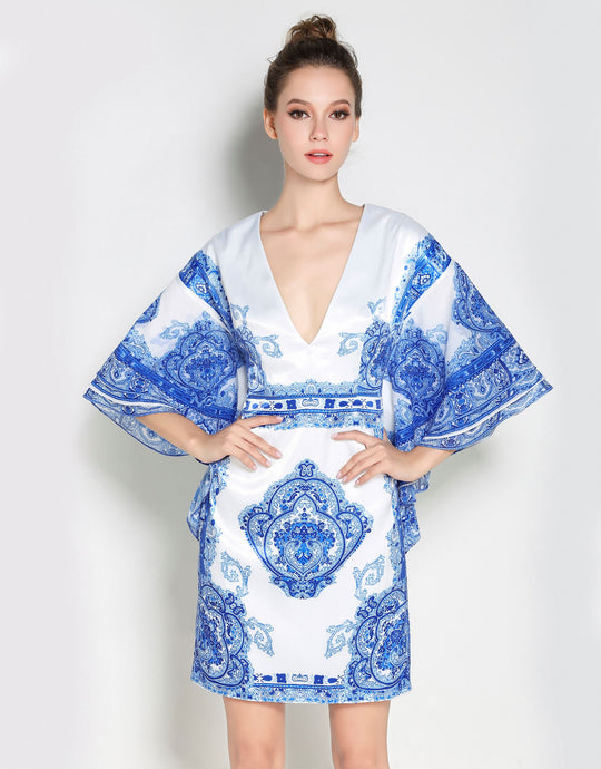 Comino Couture Blue & White Printed Kimono Dress with Plunge Front * WAS £135*