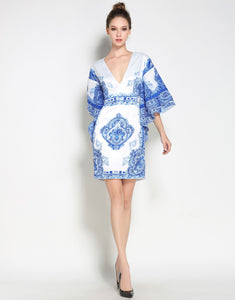 Comino Couture Blue & White Printed Kimono Dress with Plunge Front * WAS £135*