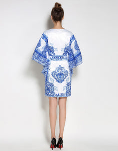 Comino Couture Blue & White Printed Kimono Dress with Plunge Front * WAS £135*