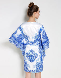 Comino Couture Blue & White Printed Kimono Dress with Plunge Front * WAS £135*
