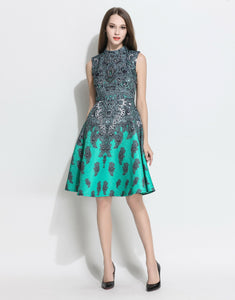 Comino Couture Green Beaded Retro Jacquard Dress