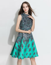 Load image into Gallery viewer, Comino Couture Green Beaded Retro Jacquard Dress