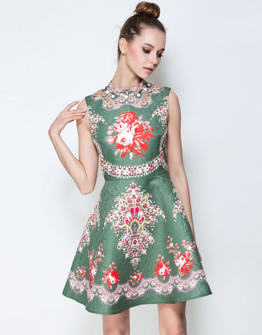 Comino Couture Embellished Green Skater Dress