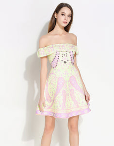 Comino Couture Bardot Yellow & Pink Print Dress