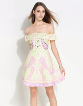 Load image into Gallery viewer, Comino Couture Bardot Yellow &amp; Pink Print Dress
