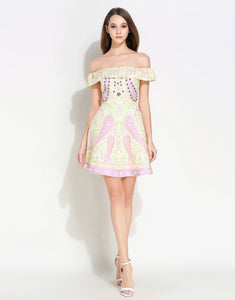 Comino Couture Bardot Yellow & Pink Print Dress