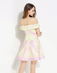 Comino Couture Bardot Yellow & Pink Print Dress