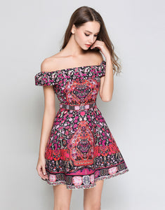Pink Folk Print Bardot Dress