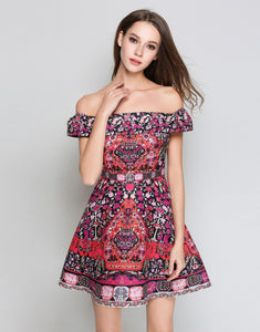 Pink Folk Print Bardot Dress