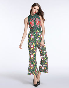 Comino Couture Green / Multi Print Flamingo Jumpsuit