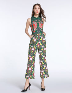 Comino Couture Green / Multi Print Flamingo Jumpsuit