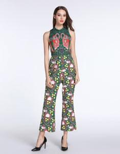 Comino Couture Green / Multi Print Flamingo Jumpsuit