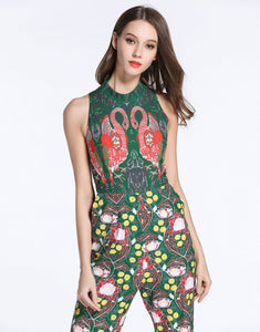 Comino Couture Green / Multi Print Flamingo Jumpsuit