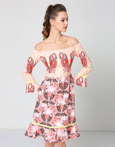 Comino Couture Yellow & Pink Flamingo Bardot Dress