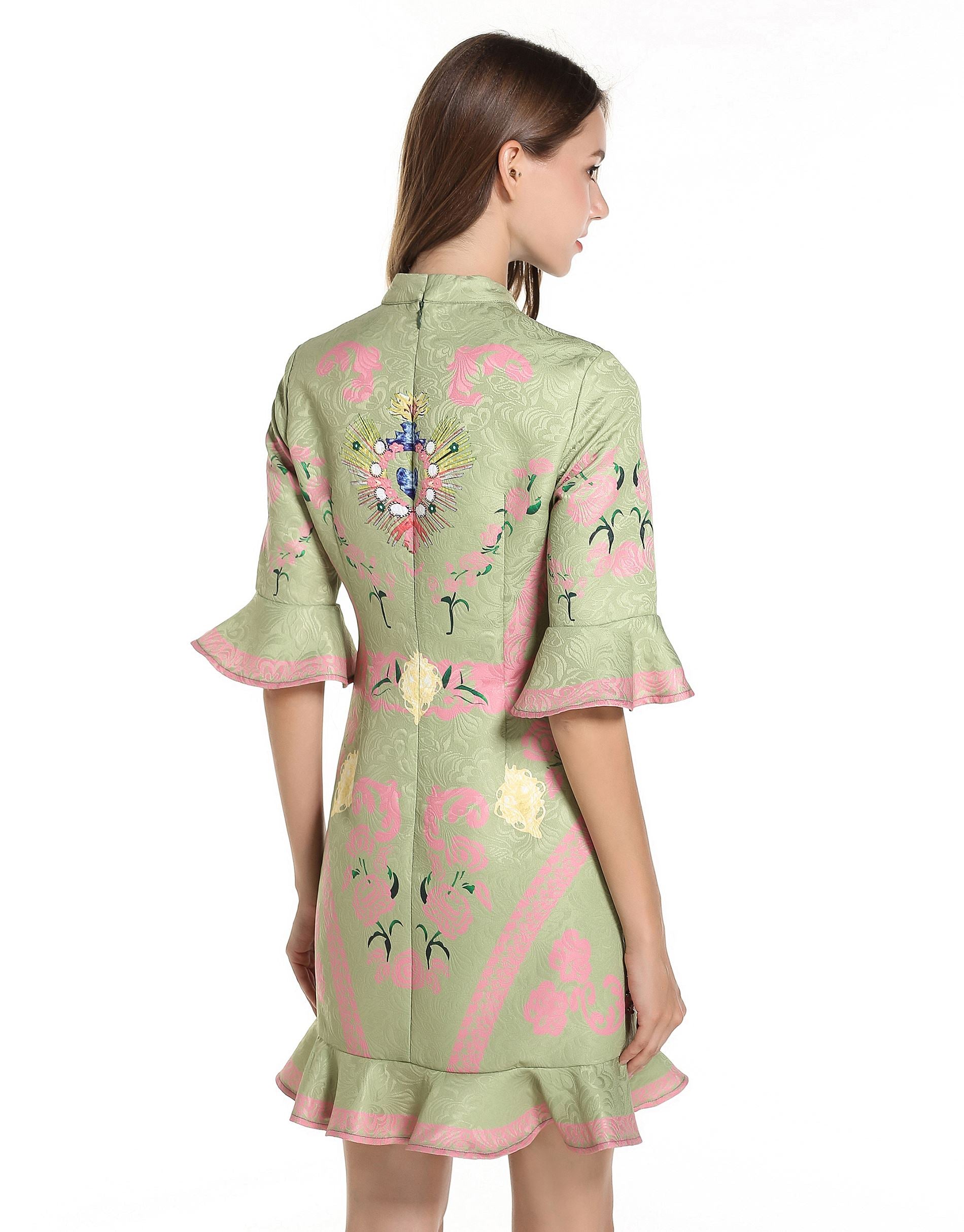 Green and Pink Peplum Dress Comino Couture