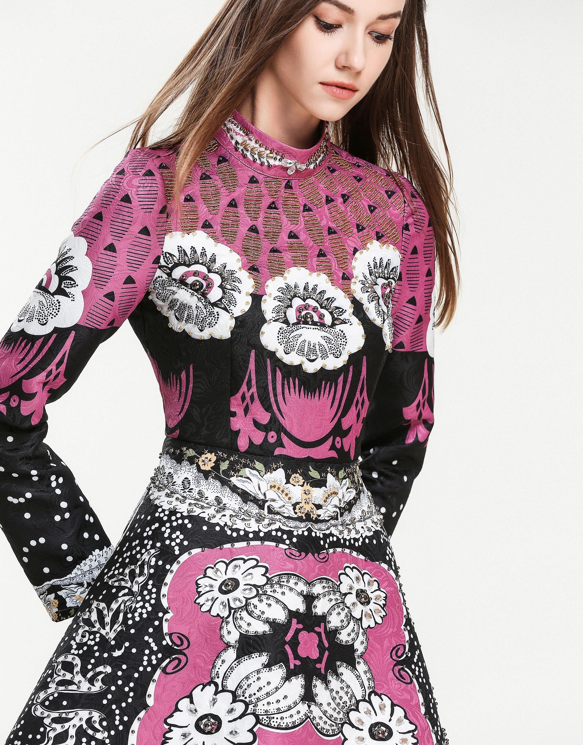 Hot Pink Black Embellished Dress